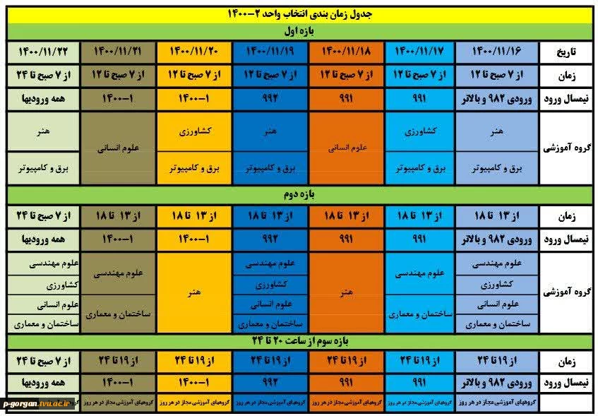 زمانبندی انتخاب واحد ترم بهمن 1400