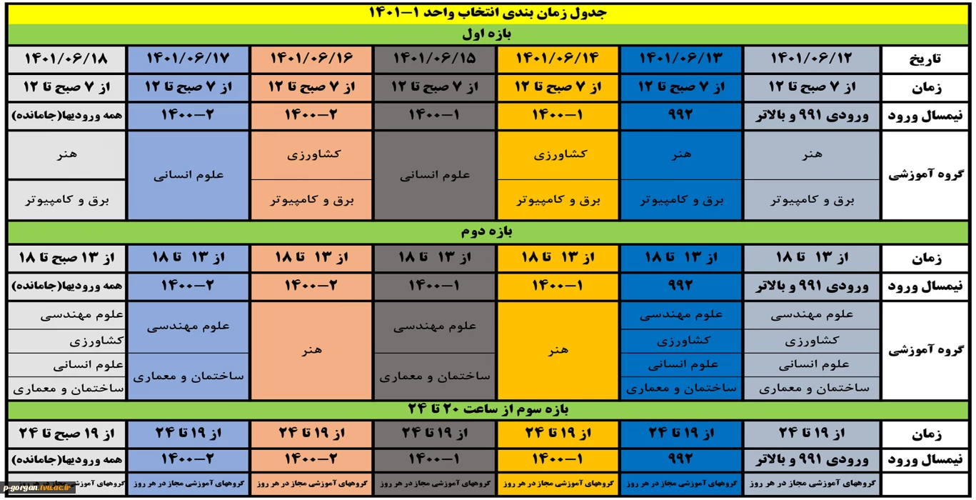 جدول زمانبندی انتخاب واحد دانشجویان دانشگاه فنی و حرفه‌ای در نمیسال اول 1401