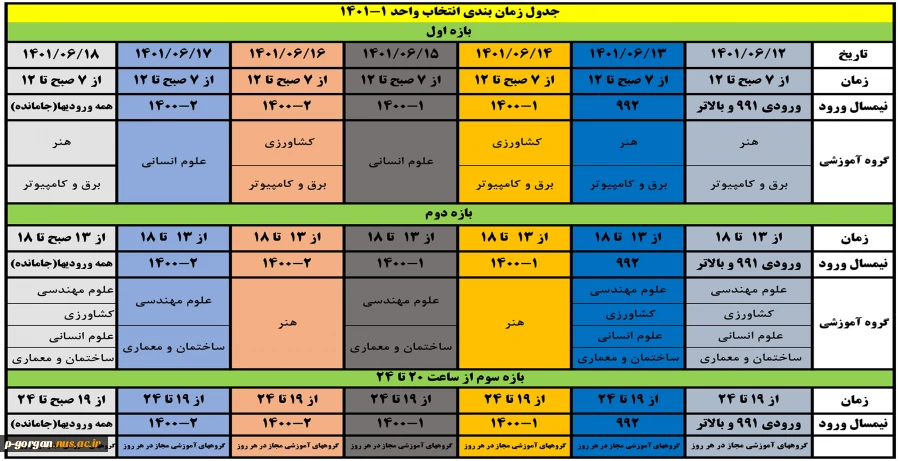 جدول زمانبندی انتخاب واحد دانشجویان دانشگاه فنی و حرفه‌ای در نمیسال اول 1401 4