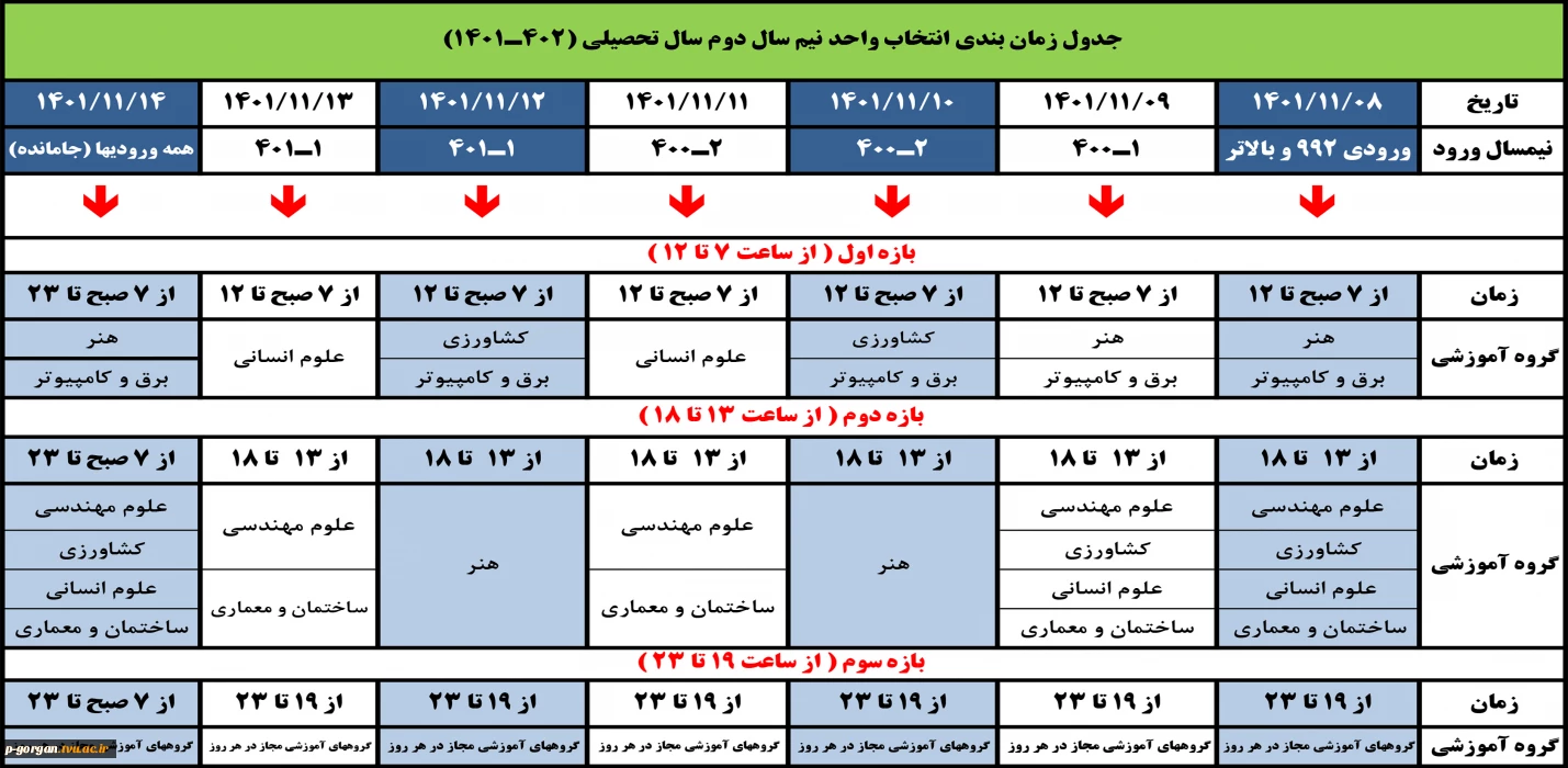 جدول زمانبندی «انتخاب واحد» نیمسال دوم سال تحصیلی 1402-1401 دانشگاه فنی و حرفه ای