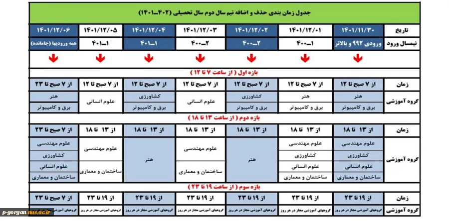 جدول زمان‌بندی حذف و اضافه نیم‌سال دوم تحصیلی (1402-1401) دانشگاه فنی و حرفه‌ای 2